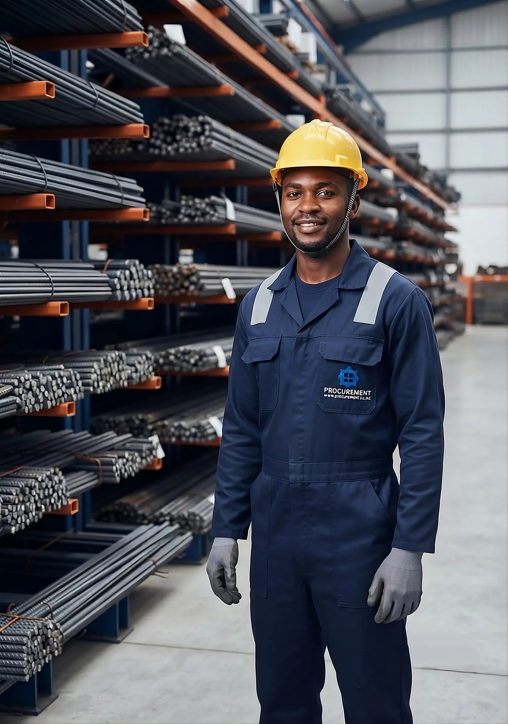 Procurement staff member in a steel rebar warehouse